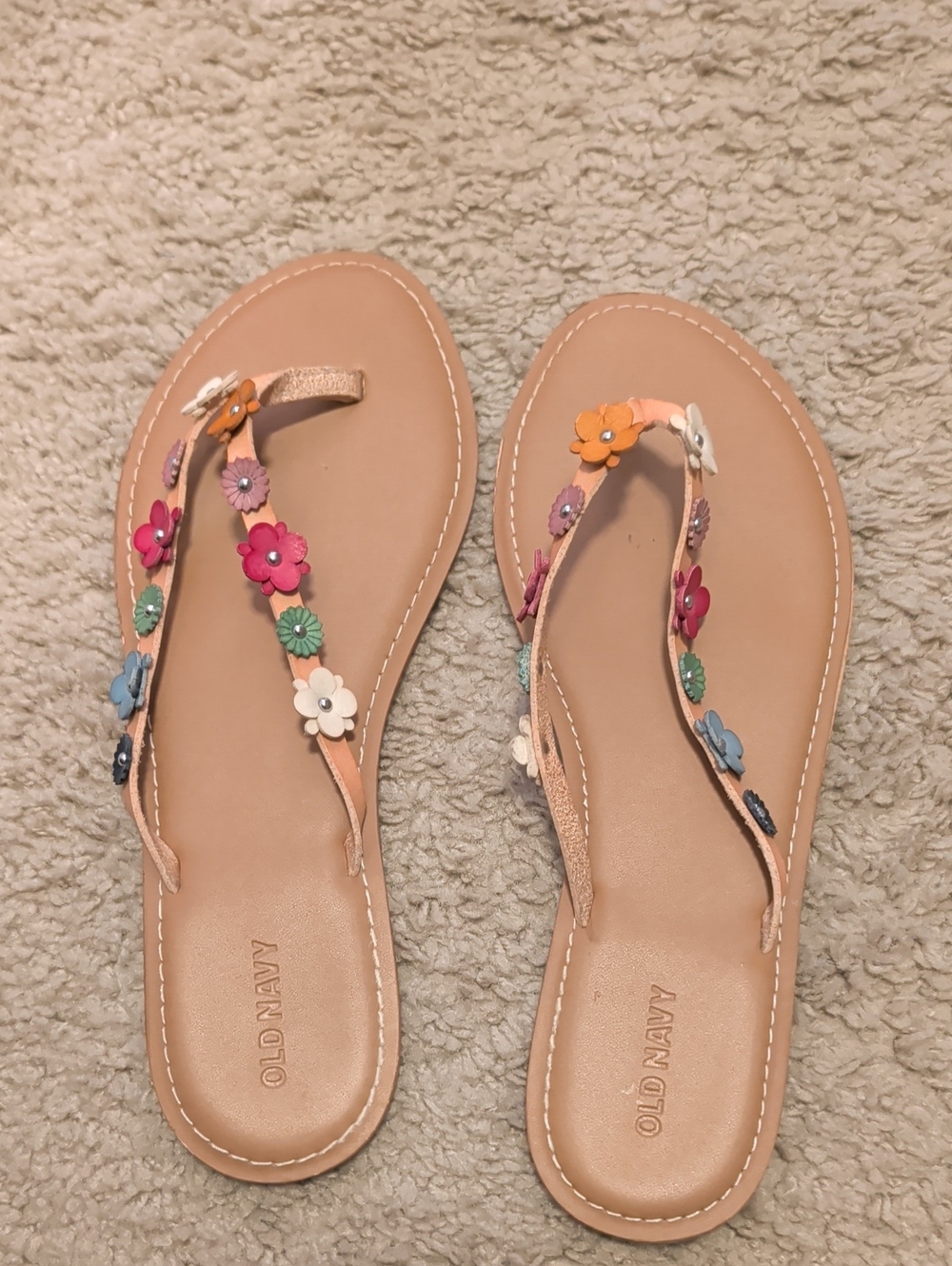 Old Navy Nude Floral Applique Thong Sandals with Multicolor Flowers